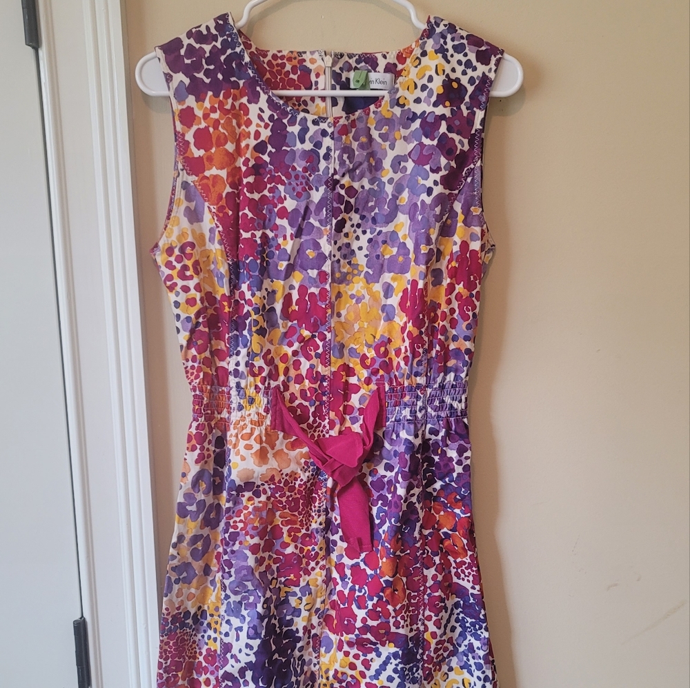 Calvin Klein Sleeveless Pink Purple White Yellow Tie Waist Dress Size 14